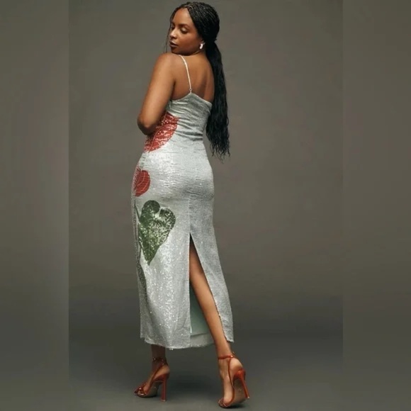 Anthropologie Farm Rio Sequin Blue Anthurium Flowers Midi Slip Dress - Picture 3 of 6